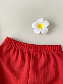 SHEIN Playful Pals 女嬰春夏季兩件套，紅色編織長褲搭配條紋圖案上衣，適合外出與日常休閒穿著 - 紅色 - 查看 7