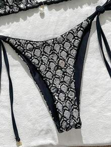 Costavie Swim Basics 2件組 春夏海灘度假亮片紋理面料珍珠裝飾掛脖三角比基尼上衣與側綁比基尼褲性感比基尼套裝 - 黑色 - 查看 3
