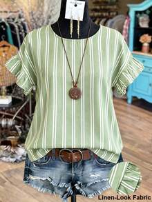 Linhara Women's Summer Striped Round Neck Ruffle Sleeve Vintage Casual Style Blouse Top, Suitable For Weekend Shopping / Cafe Visits / Commuting / Daily Wear - Multicolor - View 1