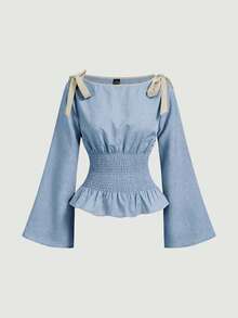 SHEIN MOD Women's Bow Decor Shoulder, Cinched Waist Fashion Blouse - Baby Blue - View 2