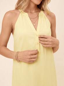 Coeurva Women's Pale Yellow Sweet French Style Button Half-Placket Lace Patchwork A Hem Dress, Elegant Boho Holiday Beach Brunch Vacation Outfits, Summer - Yellow - View 10