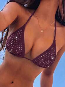 Oceva Áo bikini nữ mùa hè đi biển nghỉ dưỡng dự tiệc màu trơn đính đá trang trí cổ yếm buộc sau lưng gợi cảm - Màu Đỏ Sâu - Xem 3