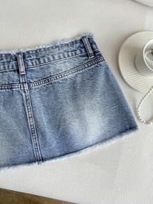 Elamini Frayed Waistband Ultra Low-Rise Denim Mini Skirt - Light Wash - View 6