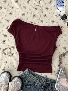 Attitoon 休閒簡約酒紅色 95% 棉女款上衣，適合夏季 - 酒紅色 - 查看 1