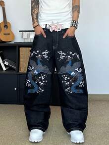 STEELVANCE Streetwear Retro Fashion Versatile Distressed Embroidered Design Loose Straight Wide Leg Casual Denim Jeans (Belt And Accessories Not Included) - Black - View 3