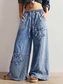 Bohemela Lässige einfarbige gewebte Denim-Langhose mit lockerer Passform für Damen - Dunkle Waschung - Übersicht 4