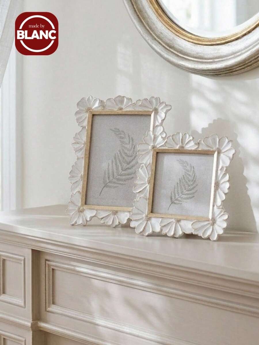 Madebyblanc 1PC Resin White Gold Trim 3D Daisy Flower Pattern Square Photo Frame Horizontal Vertical Dual Use Home Desktop Display Picture Frame Decorative Photography Accessories Holiday Gift Idea Room Decor Ornament - one-size - View 1