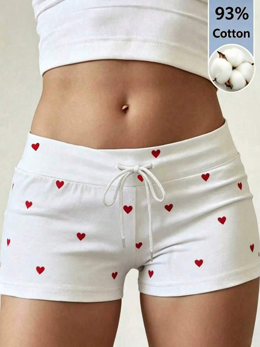 INAWLY 女款休閒舒適純棉抽繩彈性腰圍迷你短褲,日常休閒居家穿著戶外運動度假愛心印花可愛舒適下著 - 紅白色 - 查看 1