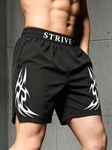 Gym Rark Manfinity EMRG 男士休闲字母印花短裤，夏季火焰短裤 - 黑色 - 查看 4