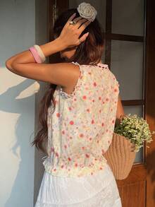 Livesso 女款度假休閒飄逸花卉印花背心上衣 圖案休閒衫 米白色夏季可愛上衣 - 橘色 - 查看 2
