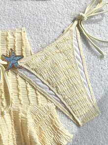 Swim Mod Girls' Special Fabric Light Yellow Thin Strap Halter Triangle Top, Side Tie Triangle Bikini Bottoms And Ruffle Drawstring Mini Skirt 3pcs Set - Yellow - View 4