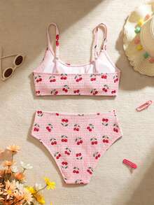 SHEIN Conjunto de bikini con estampado de cereza, tirantes de espagueti y cuello halter para vacaciones de verano en la playa para adolescentes, estampado aleatorio - Rosa - Ver 2