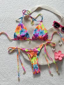 Swim Vcay Conjunto de bikini con cuello halter y estampado integral para mujer - Multicolor - Ver 2