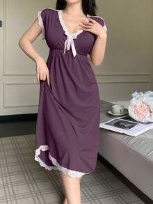 SHEIN 女款深V領蝴蝶結睡袍 - 紫色 - 查看 5