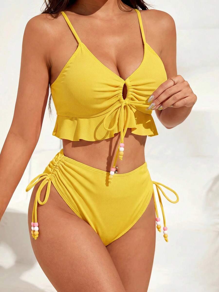 Swim Vcay Conjunto de Traje de Baño de Dos Piezas unicolor para Vacaciones en la Playa - Amarillo - Ver 1