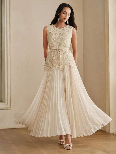 Anewsta Women's Elegant Embroidered Beaded Chiffon Pleated Dress