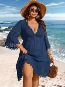 Swim Lushoire 2026 Model Baru V-Neck Lace Patchwork Lengan Lonceng Ukuran Plus Penutup Pantai Biru Tua Musim Panas Boho - Teal Blue - View 4