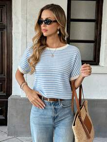 SHEIN PariChic ملابس علوية نسائية جديدة برقبة دائرية وأكمام قصيرة مع فيونكة خلفية مخططة، مناسبة للسفر والتسوق والمواعدة - الأزرق - مشاهدة 3