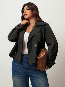 Enliva Plus Size Women Fashion Casual Loose Comfortable Daily Simple Versatile Classic Short Windbreaker Trench Coat, Simple Style Coat Spring, For Apple And Rounded Body Shape - Black - View 8