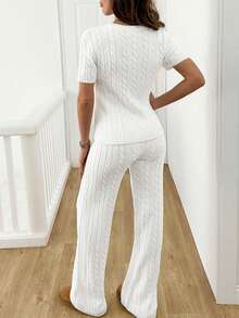 EURMUSE Women's Cable Knit Co-Ords Set - V-Neck Short-Sleeve Fitted Top With Ribbed Trim And High-Waisted Wide-Leg Lounge Pants In Soft Ivory White And Embroidery - Putih - View 2
