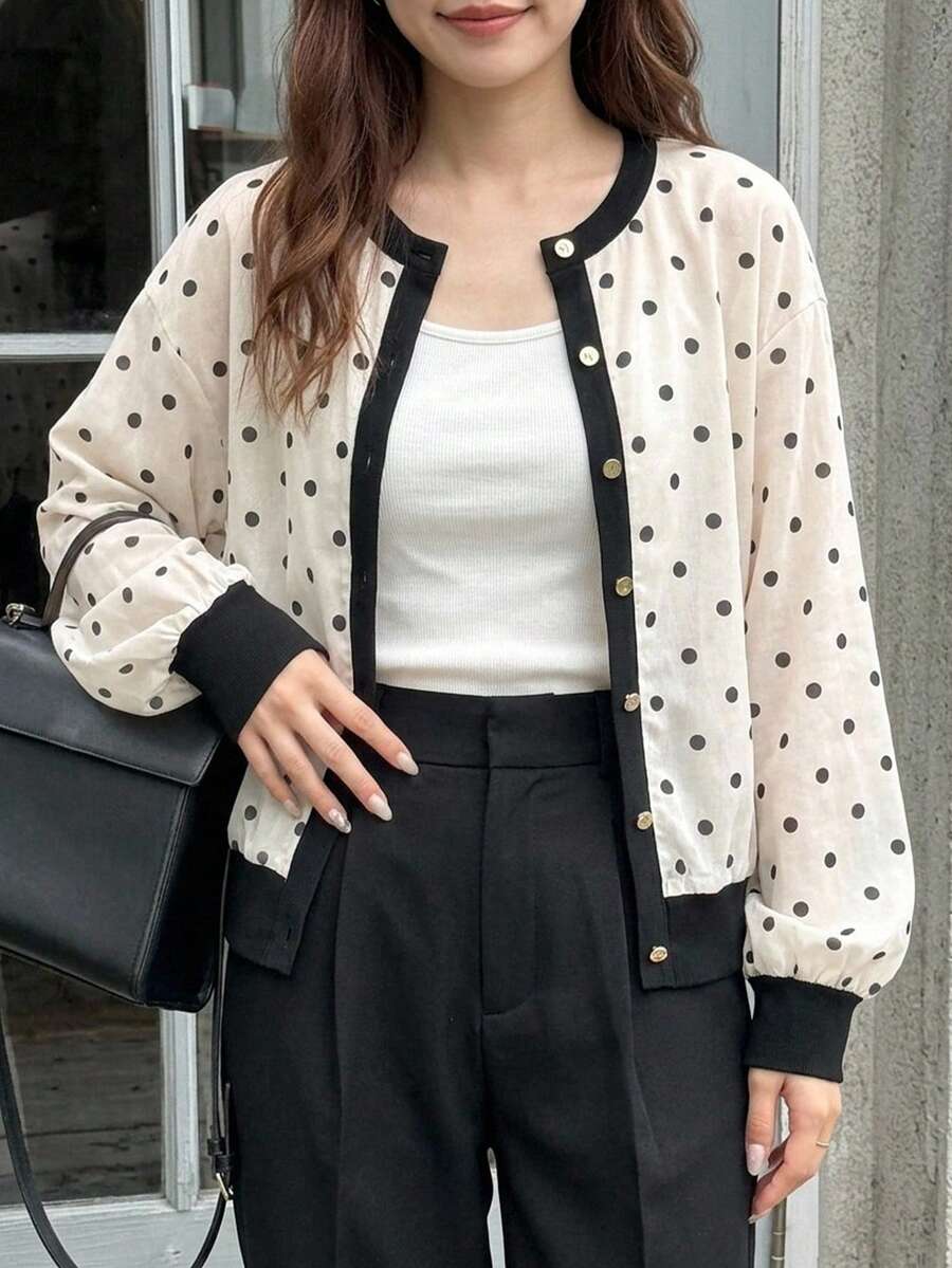 FRIFUL Chaqueta de mujer con estampado de lunares y patchwork de bloques de color - Albaricoque - Ver 1