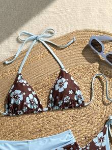 Swim Mod 女款 26SS 春夏新款雙色印花V領露背三角上衣綁側比基尼泳褲 & 嘻普泳褲 3件組甜美海灘度假泳衣 - 藍色 - 查看 6