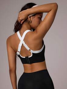 Dewbera Dewbera Women's Contrast Color Patchwork Criss-Cross Strap Sports Bra Adjustable Workout Black And White Gym Summer Athleisure Cross Back Hook & Eye Closure - Black - View 7