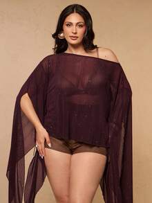 SHEIN BAE CURVE 大尺碼女款半透亮片網格時尚上衣 - 紅木色 - 查看 3