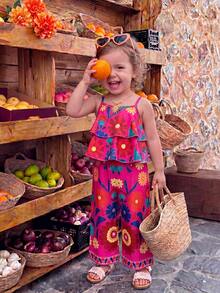 SHEIN Playful Pals 2件組 幼女花卉印花粉色吊帶上衣+長褲 夏季趣味度假假日套裝 透氣面料 寬鬆版型 休閒日常穿搭套裝 - 彩色 - 查看 7