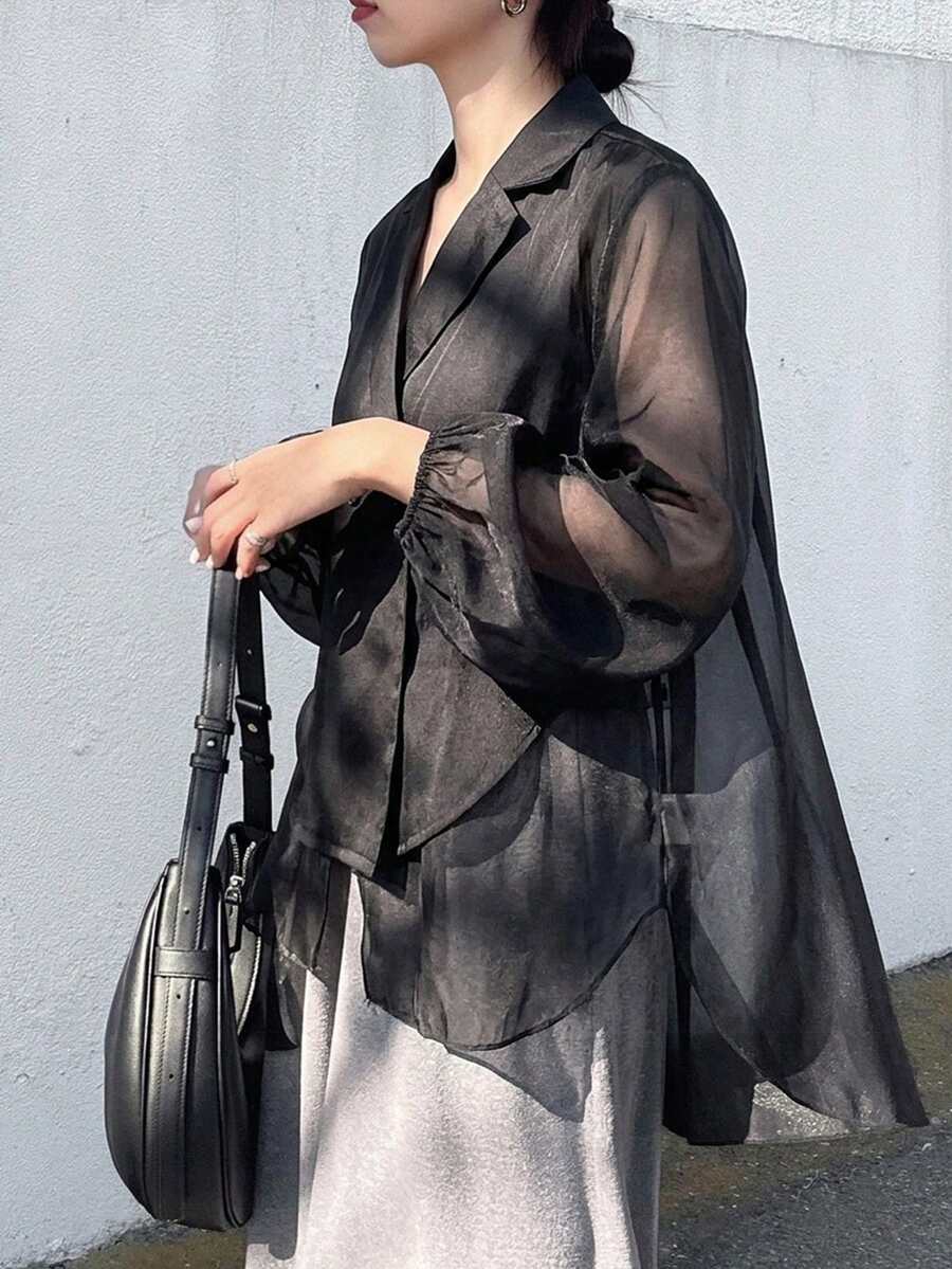 FRIFUL 女款素色翻領雙排扣長袖休閒西裝外套 - 黑色 - 查看 1