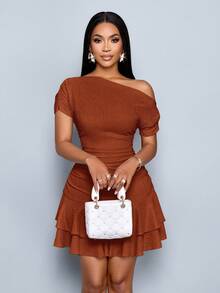 SOLERSUN Women's Elegant Sexy Party Night Out Daytime Rust Brown Knitted Asymmetrical Neck Neck Long Sleeves Gathered Double Ruffle Mini Dress Summer - Brown - View 6