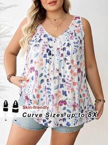 SHEIN CURVE+ 女款大尺碼綠色V領寬鬆背心上衣 - 彩色 - 查看 1