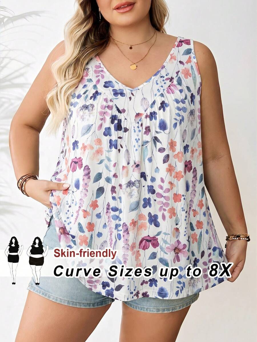 SHEIN CURVE+ 女款大尺碼綠色V領寬鬆背心上衣 - 彩色 - 查看 1