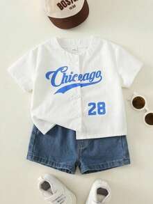 SHEIN 2 pezzi/Set Unisex Bambino Maschio Bambina Femmina Primavera/Estate Casual Moda Camicia Bianca a Maniche Corte Top da Baseball e Pantaloncini in Denim Set, Abbigliamento Primavera/Estate Bambino Maschio, Outfit, Streetwear - Multicolore - Visualizzare 12