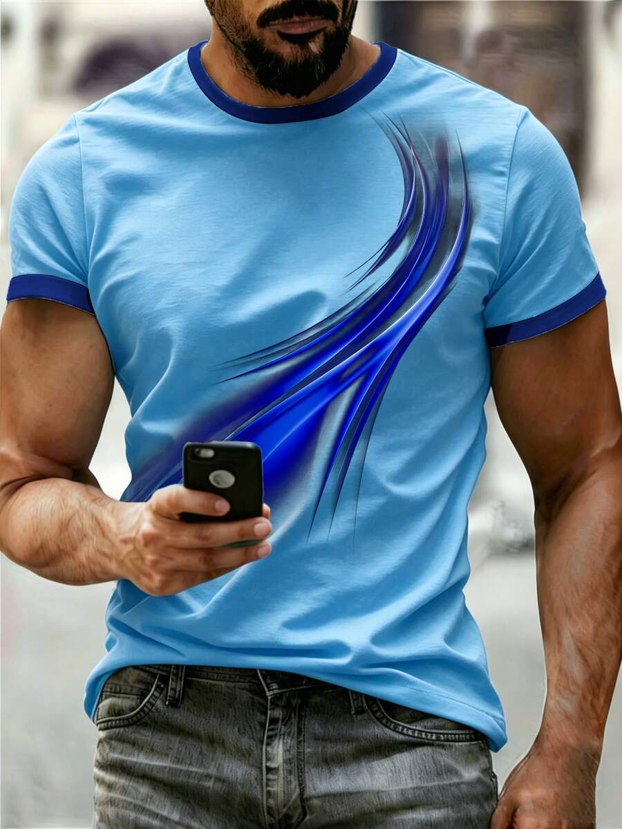 Manfinity Roughcore Camiseta de cuello redondo para hombre con diseño dinámico de degradado fluido, líneas afiladas y sutiles - Multicolor - Ver 1