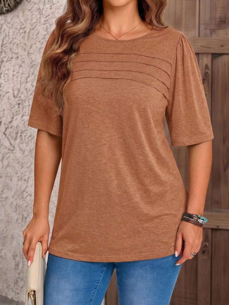 EMERY ROSE Camiseta de manga corta de cuello redondo de unicolor casual versátil para uso diario y viajes para mujeres de talla grande - Óxido marrón - Ver 1