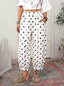 EMERY ROSE Plus Size Women's Polka Dot Pattern Pocket Loose Casual Cropped Jeans - Black and White - View 4