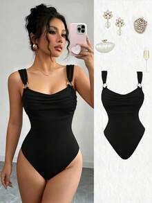 Selianne Women's Summer Beach Vacation Casual Daily Commute Minimalist Versatile Solid Color Metal Decor Ruched Bust Cami Bodysuit - Black - View 6