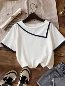 Calvaya Plus Size Women's Elegant Commute Home Daily Casual Colorblock Trim T-Shirt - White - View 5