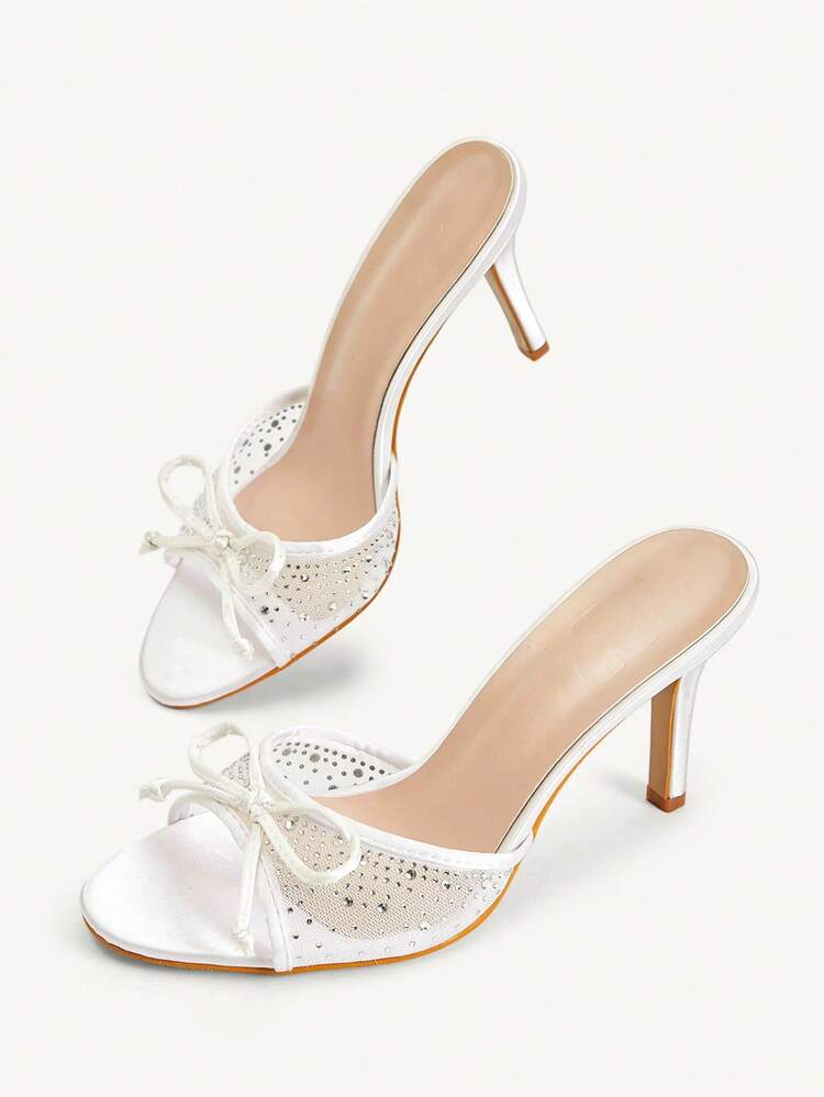CUCCOO CHICEST Women Shoes Spring And Summer New White Satin Mesh Hot Diamond High-Heeled Sandals, Bow Open-Toed Stiletto Muller Shoes, Non-Slip Soft Sole, French Fairy Style, Daily Dating Wedding Bridesmaid Shoes, Banquet Dress Cheongsam With Shoes, Temperament Versatile Wear High-Heeled Women's Shoes