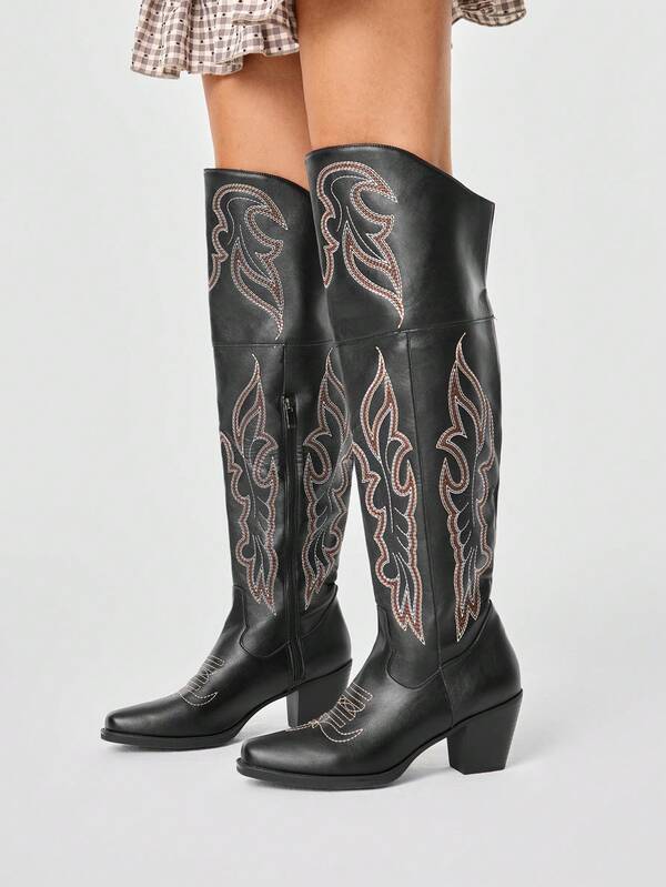 ROMWE Fairycore Atmospheric Western Over-The-Knee Long Boots For Women, Embroidered Chunky Heel Carved Comfortable Slip-On Vintage High Heel Riding Boots