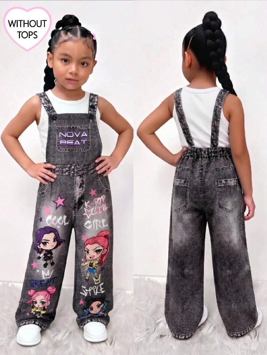 Girls' Woven Street Style Chain Detail Fun Cool Letter Print Overalls, Fashion Back To School Season Item, Spring, Summer, Autumn Personalized Jumpsuit - Black - View 1