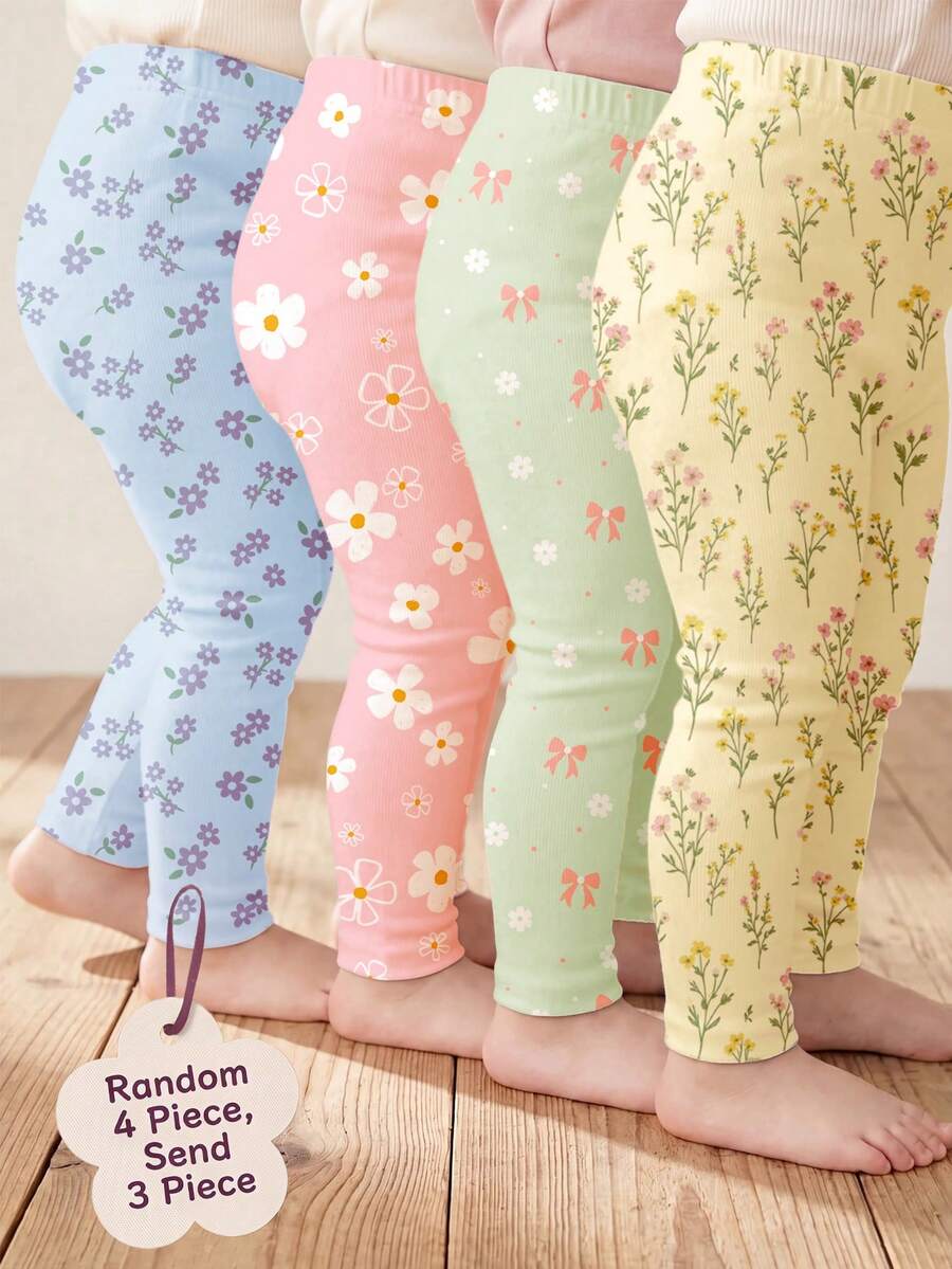SHEIN [隨機4件，發貨3件]旋轉進入春夏，多巴胺奶油色系春夏配色，波希米亞花卉、雛菊、植物、蝴蝶結系列，女嬰可愛舒適休閒彈力內搭褲 - 彩色 - 查看 1