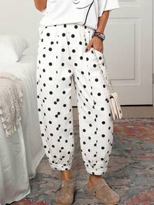 EMERY ROSE Plus Size Women's Polka Dot Pattern Pocket Loose Casual Cropped Jeans - Black and White - View 1