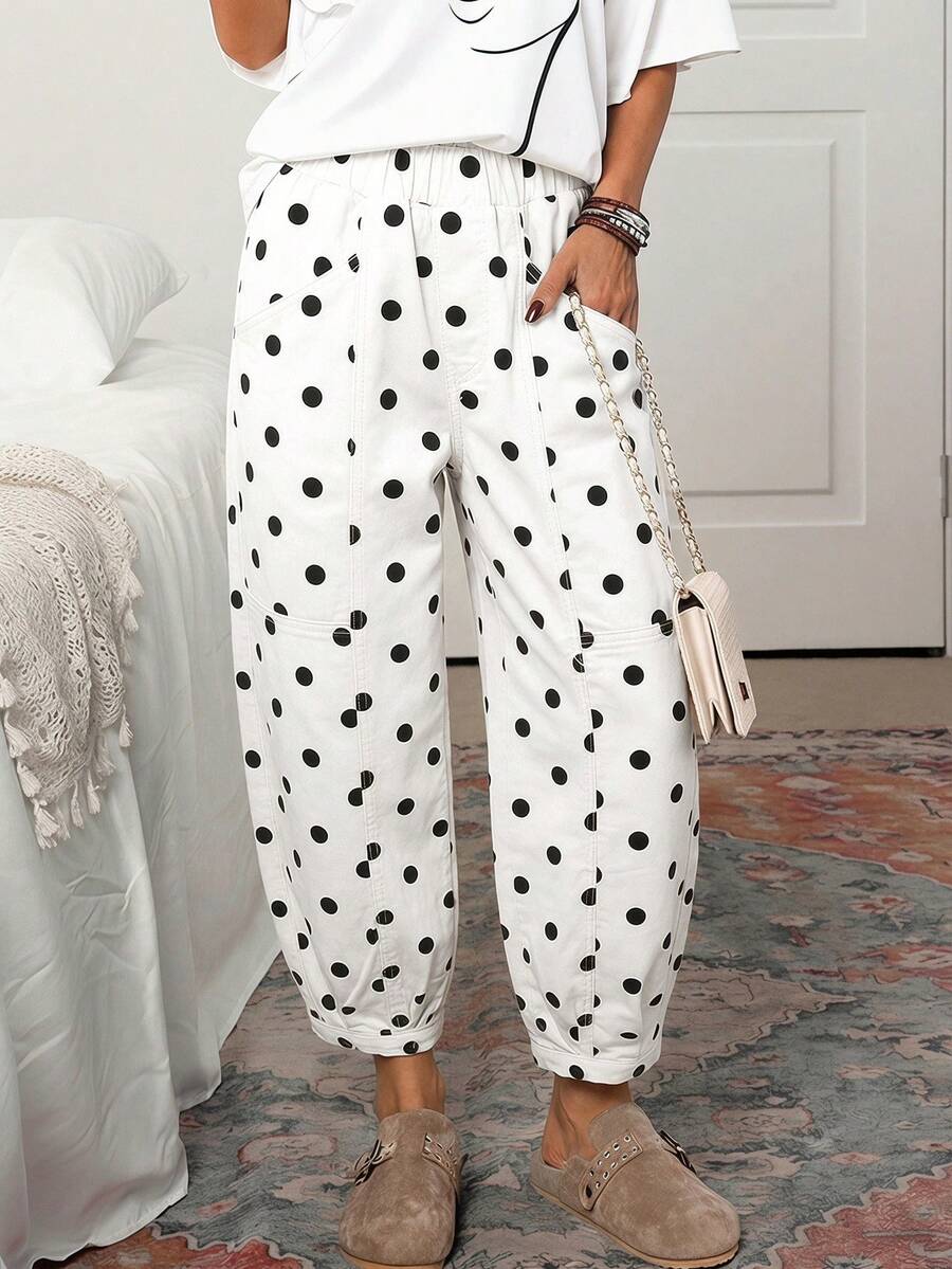 EMERY ROSE Plus Size Women's Polka Dot Pattern Pocket Loose Casual Cropped Jeans - Black and White - View 1