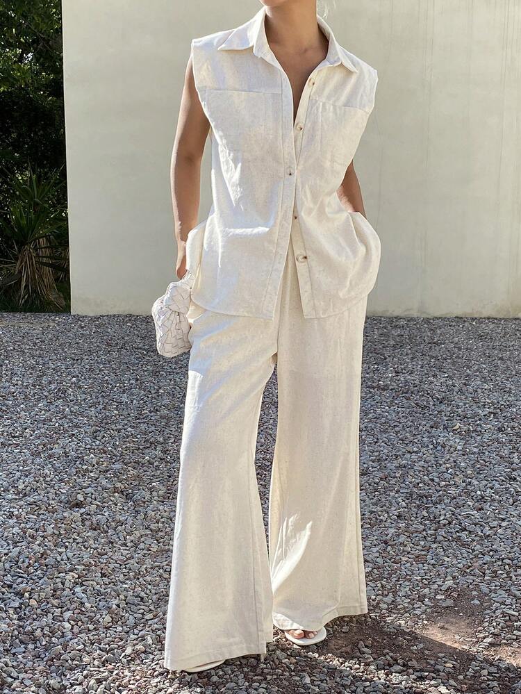 Women's Lapel Waist-Cinching Tie Vest Shirt And Loose Straight Leg Pants Vacation Style 2 Pieces Set