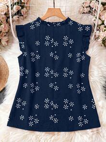 EMERY ROSE Blusa de talla grande con cuello en V, sin mangas, con volantes y bordado falso - Azul Marino - Ver 2