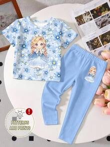 女童幼童清新藍色花卉卡通公主皇冠蝴蝶結愛心印花基本款短袖T恤與內搭褲套裝，休閒日常穿搭 - 彩色 - 查看 3