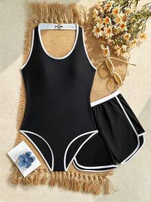 SHEIN Baju Renang Terusan Model Halter Neck Motif Garis-garis untuk Remaja Perempuan, Dilengkapi Celana Pendek dan Atasan (Set 2 Potong), Musim Panas - Hitam dan Putih - View 1