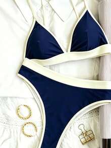 Swim Basics 女款夏季海灘拼色性感時尚比基尼兩件式泳衣套裝 - 藏蓝色 - 查看 2